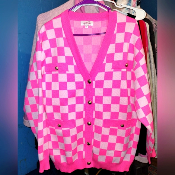Jess Lea Sweaters - NWOT Neon Pink Checkered Cardigan with Gold Lion Head Buttons